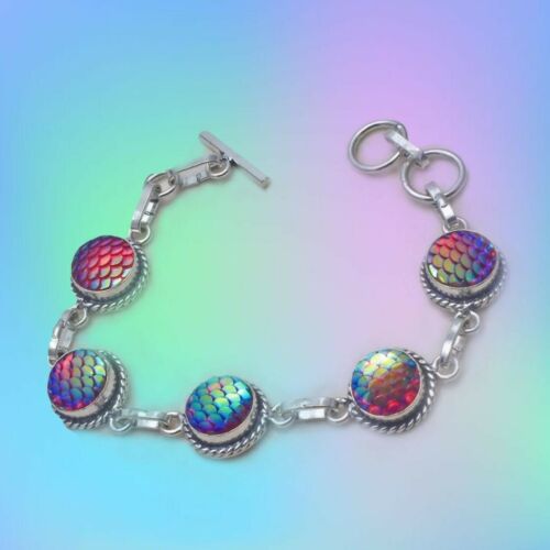 Silver tone Mermaid colorful rainbow scale chain bracelet