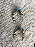 Vintage 1928 Signed Rhinestone + Blue Stone Flower Hoop Pierced Earrings