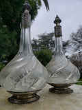 Ornate Antique German Embossed Hallmarked Silver Crystal Etched Liquor Decanters