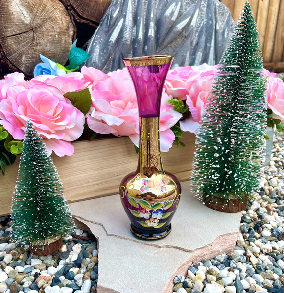 Vintage Gold Overlay Purple Glass Art Floral Painted Flower Japanese Decor Vase