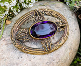 Antique Ornate Gold Tone Purple Gem Stone Brooch Pin