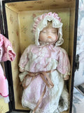 Vintage Baby Girl Doll In Custom Wood Wardrobe Trunk Box With 5 Dresses