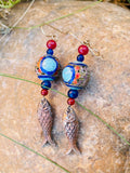 Vintage Chinese Cloisonne Enamel Dangle Drop Gold Tone Fish Pierced Earrings