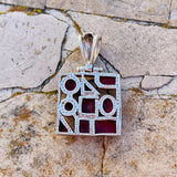 Sterling Silver 925 Red Coral Stone Abstract Geometric Modernist Pendant 4.3g