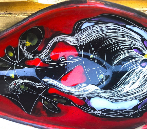 Artisan Italian Calf Leather Ceramic Red Hand Painted Girl Dish Art Decor Bowl
