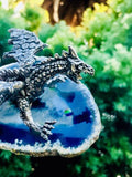 Pewter Dragon w Crystal Ball on Blue Agate