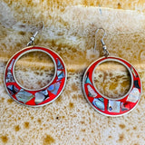 Alpaca Silver Signed Mexico Abalone Shell Red Retro Circle Pierced Drop Earrings