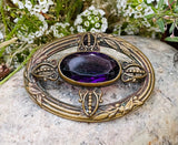 Antique Ornate Gold Tone Purple Gem Stone Brooch Pin