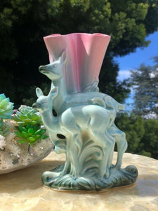 Vintage Hull Art Pottery Blue Pink Vase with two deer figures USA Large 11.5"