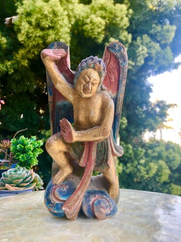 Asian Wood Carved Guardian Winged Angel Ancestor Painted Statue Hanging Wall Art