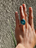 Vintage Sterling Silver Turquoise Large Stone Circular Gem Ring 5.6 Grams Size 8