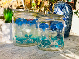 Blue Flower Clear Glass Translucent Cookie Jar Lid Set of 2 Container Canisters