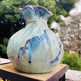 Vintage Pottery Multi Color Blue Glaze Ceramic Ruffle Top Art Vase