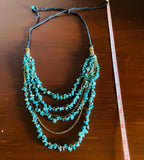 Gold Tone Chains Faux Turquoise Beaded 6 Row Fashion Necklace