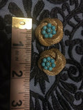 Antique French Gold Tone Turquoise Blue Stone Swirl Clip On Earrings Vintage Made in France