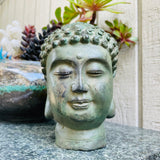 Antique Verdigris Bronze Tone Metal Buddha Face Head Figure Buddhist Art Decor