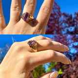 Solid 14K 585 Yellow Gold 60’s Marquise Cut Purple Amethyst Stone Ring 6.7g Sz7