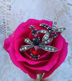 Vintage Silvertone Accented Dragonfly Pin w Red + Black Rhinestones