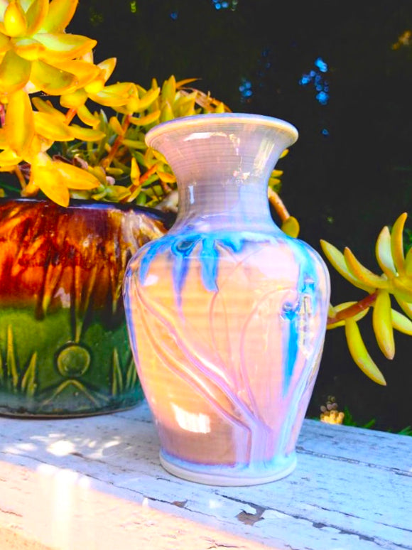 Vintage Artisan Signed Handmade Glazed Pastel Pink Blue Ceramic Art Vase