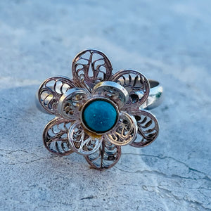 Vintage Ornate Filigree Sterling Silver 925 Turquoise Stone Flower Floral Ring 5