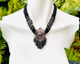 Vintage Artisan Signed 50 EB Silver Black Beaded Stone Necklace & Earrings Set