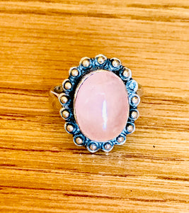 Vintage Sterling Silver Pink Rose Quartz Stone Crystal Flower Ring Size 9.75