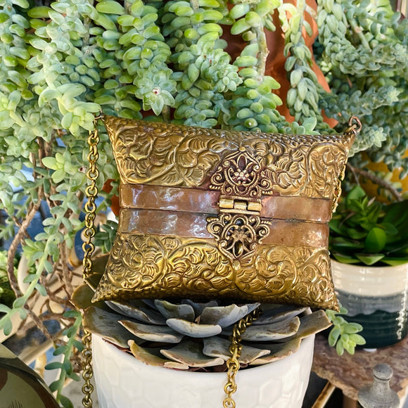 Antique Brass & Copper Metal Chain Ornate Artistic Bombay Floral Pillow Purse