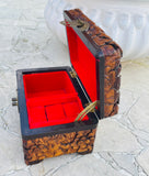 Vintage Relief Floral Bird Art Wood Carved Brass Red Felt Jewelry Trinket Box