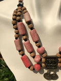 Vintage 1312 Coins Pink Coral Sand + Black Tone Bead Tribal Statement Necklace