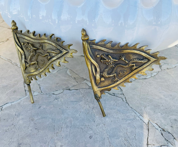 Vintage Brass Gold Tone 3D High Relief Matching Mythical Dragon Flags Art Decor
