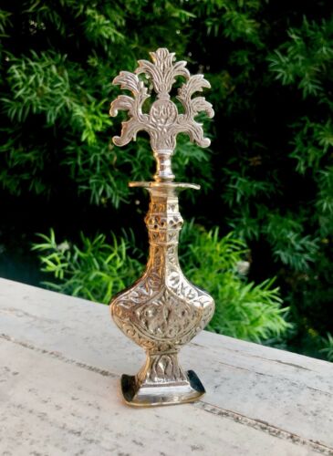 Antique Silver Tone Ornate Screwtop Perfume Container Floral Motif