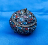 Antique Asian Cloisonne Enamel Miniature Trifooted Jar Trinket Box W Lid Censer