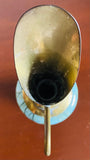 Vintage Brass Gold Tone Blue Teal Delft Holland Pottery Pitcher Vase w Handle