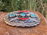 Sterling Silver 925 Native American Turquoise Coral Floral Belt Buckle 134.22g
