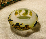 Antique Vintage Cameo Art Glass Floral Green Yellow Flower Motif Ashtray