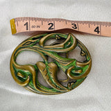 Vintage Gold Tone Brass Bronze Green Calla Lily Leaves Fashion Belt Buckle