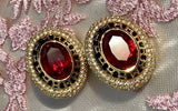 Signed Swarovski Crystal Red + White Goldtone Clip On Earrings