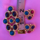 Vintage 3 Stone Pink Blue Purple Stone Colorful Earrings and Brooch Pin Set
