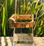 Vintage Designer Lee Sands Gold Tone Mother of Pearl Pink Stone Quartz Watch