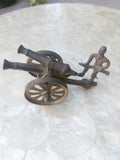 Vintage Metal Brass War Field Double Barrel Cannon With Soldier Figurine