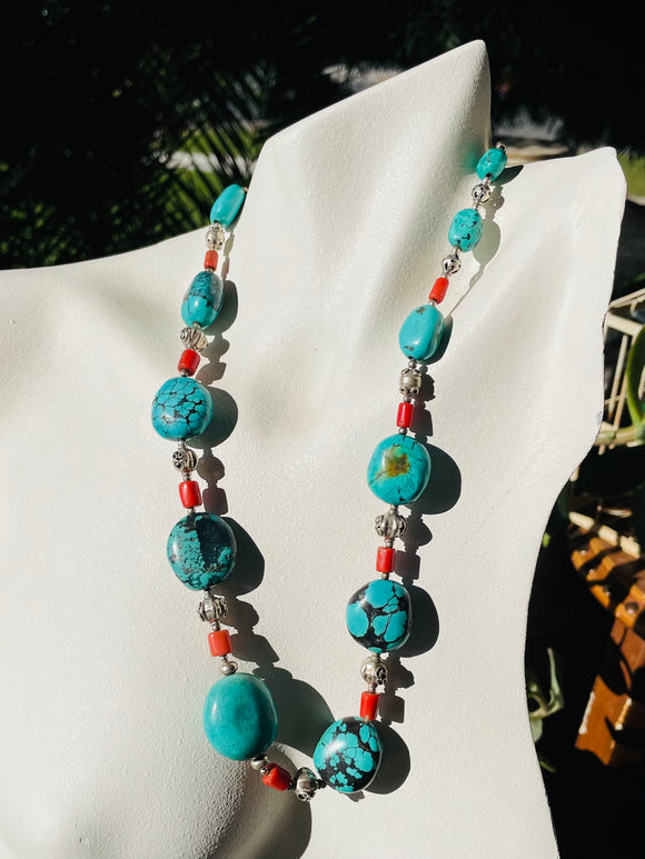 Sterling Silver 925 Beaded Dyed Coral & Turquoise Chunky Stone Bead Necklace