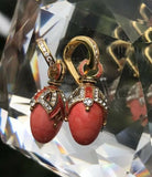 925 Sterling Silver Enamel Egg Ornate Rhinestone Genuine Coral Pierced Earrings