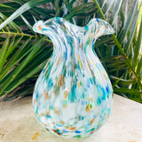 Murano Italy Vintage Blue Tone Multi Color Decorative Glass Art Ruffle Top Vase