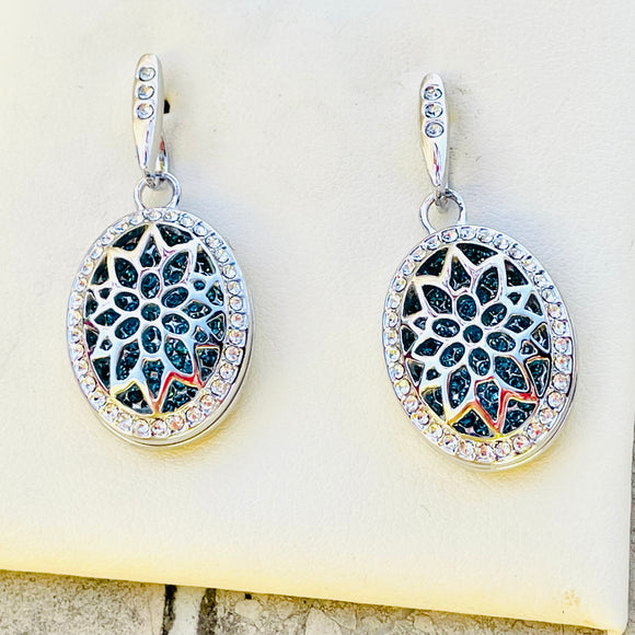 Mandala Silver Tone Blue & Clear CZ Rhinestone Floral Dangle Pierced Earrings