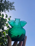 Vintage Emerald Green Blown Art Glass Ruffle Top Ribbed Decorative Vase