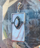 Antique Vintage Rectangle Mother of Pearl + Marcasite Stone 2" Pendant 9.2g