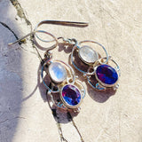 Sterling Silver 925 Amethyst & Moonstone Gem Stone Ornate Dangle Earrings 5.5g