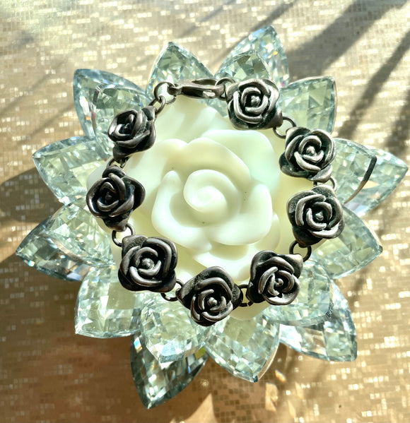 Vintage Modernist Signed 925 Sterling Silver Rose Flower Link Bracelet 18.6g