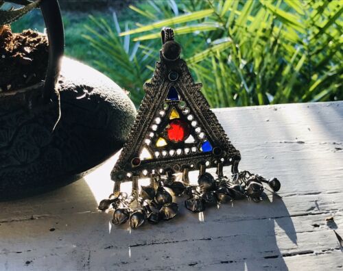 Vintage Rajasthan Gypsy Tribal Metal Bell Multi Colored Glass Pendant