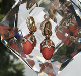 925 Sterling Silver Enamel Egg Ornate Rhinestone Genuine Coral Pierced Earrings
